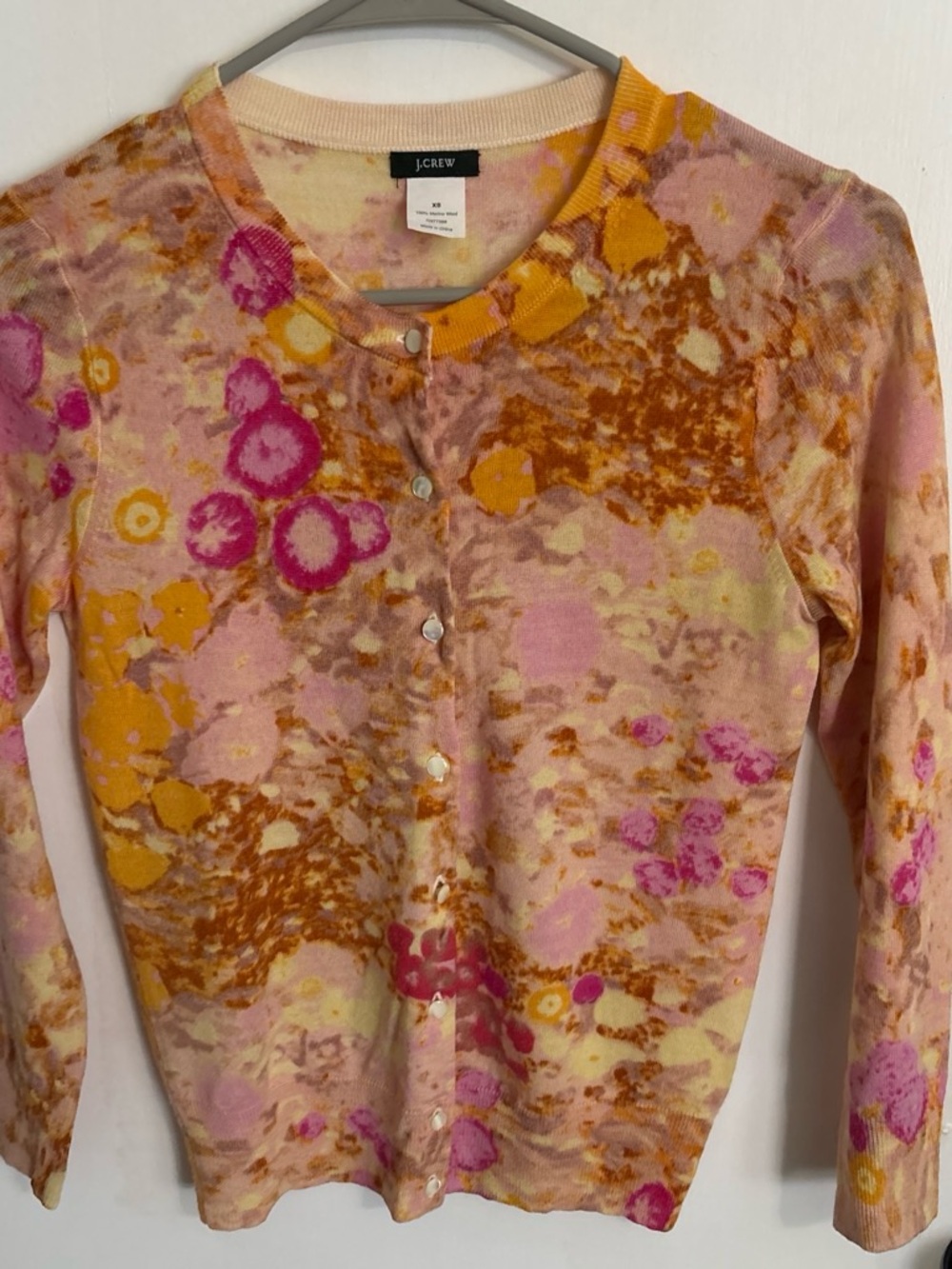 J. Crew Vintage Pink Floral-Print Crewneck Cardigan with Yellow Accents